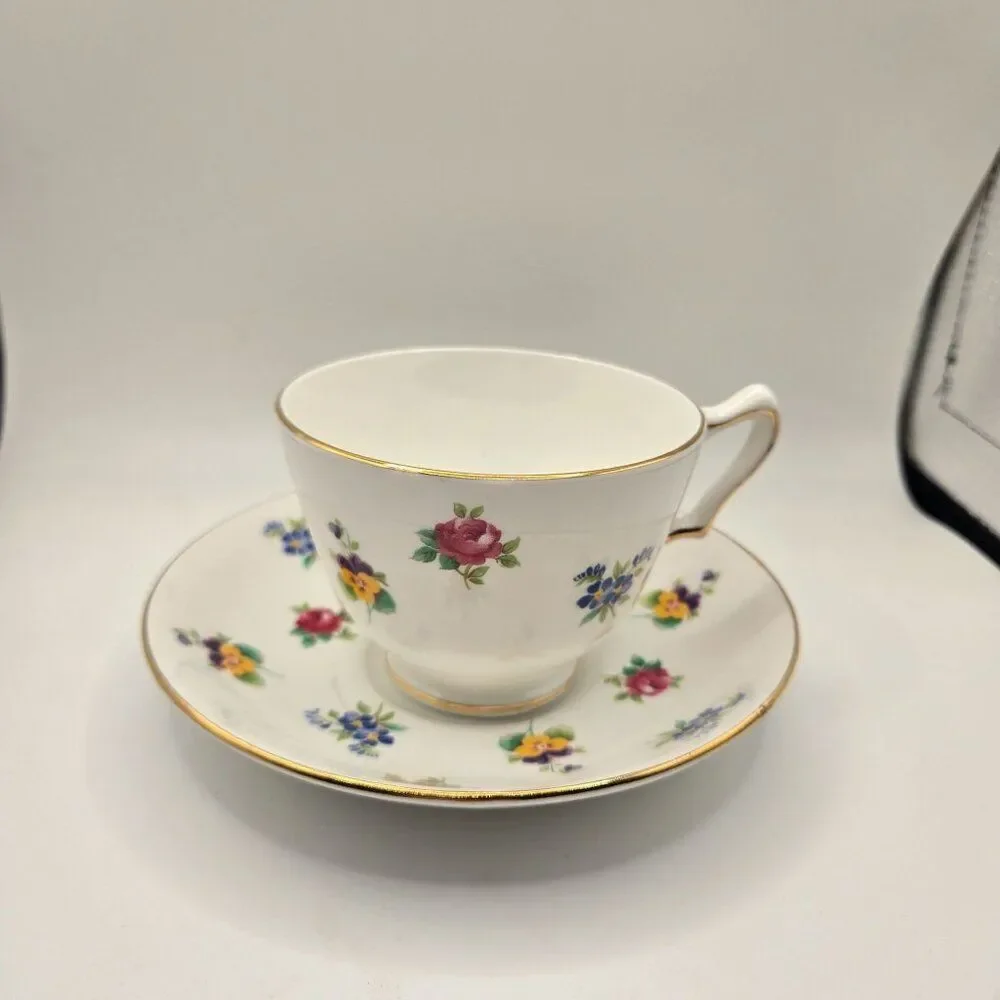 Vintage Bone China Tea Cup Saucer Crown Staffordshire England Floral Gold Trim